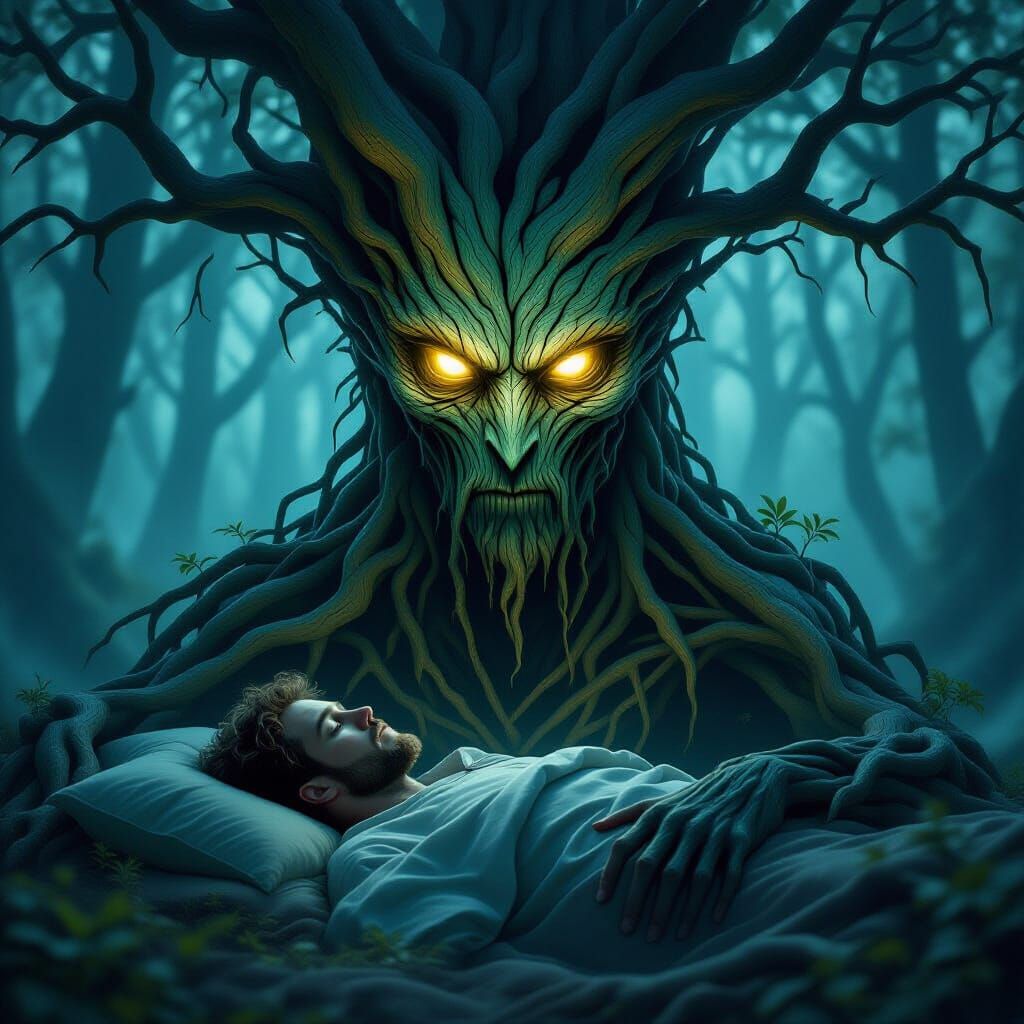 Mystical Tree Watches Sleeping Man in Misty Forest