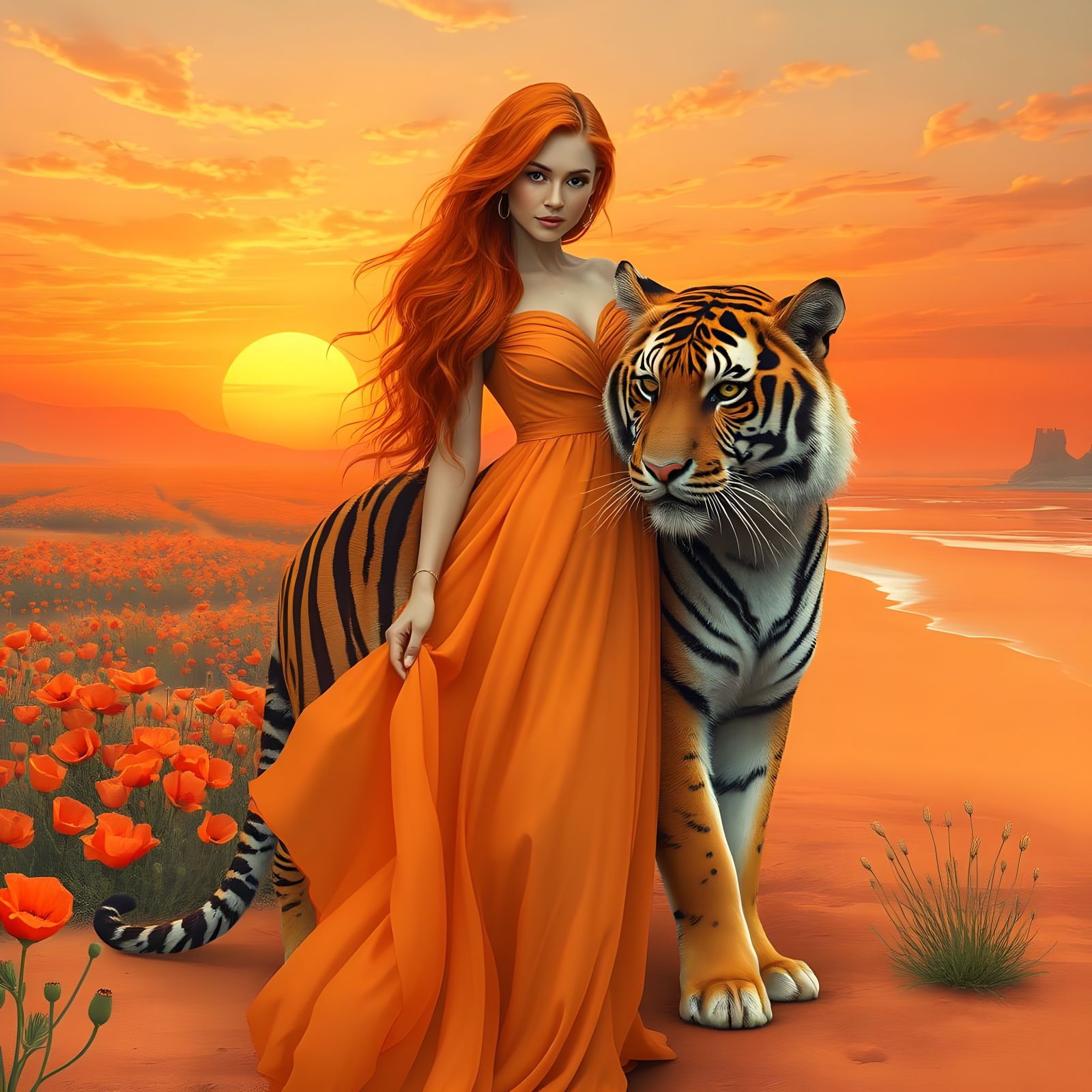 Surreal Orange Sunset Landscape with Woman and Tiger