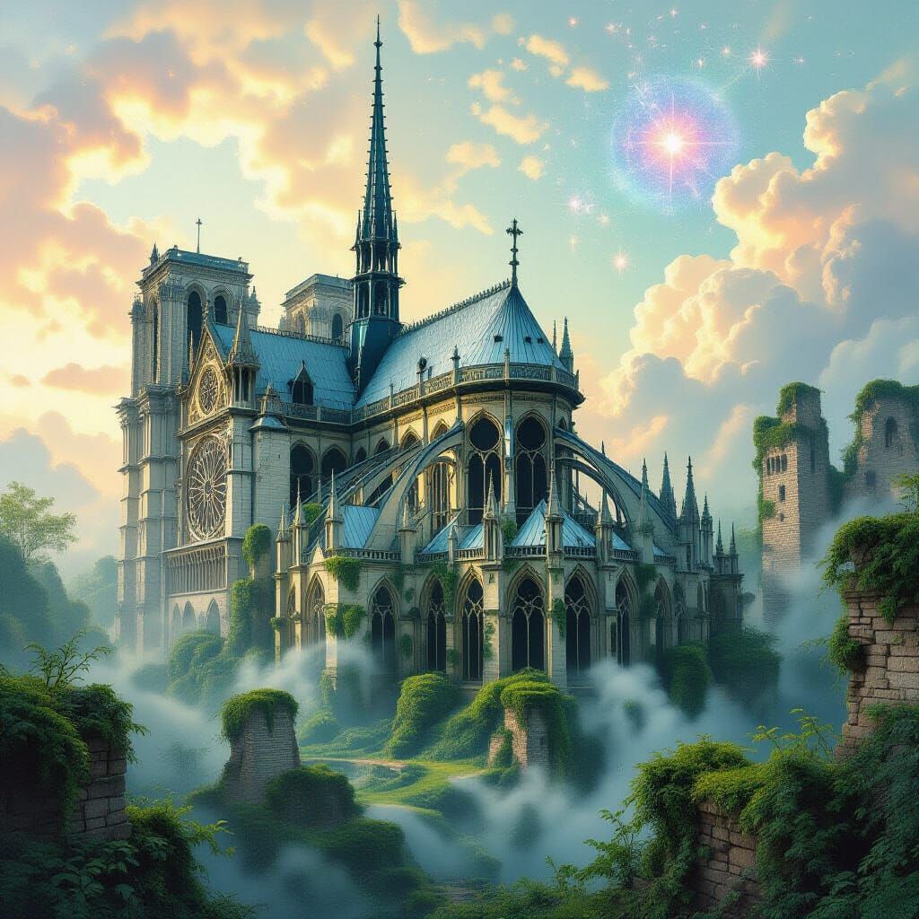 Surrealist Ancient Cathedral Ruins in Ethereal Landscape