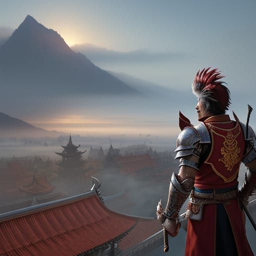 Warrior Rooster Herald at Sunrise in Ethereal Fantasy Style