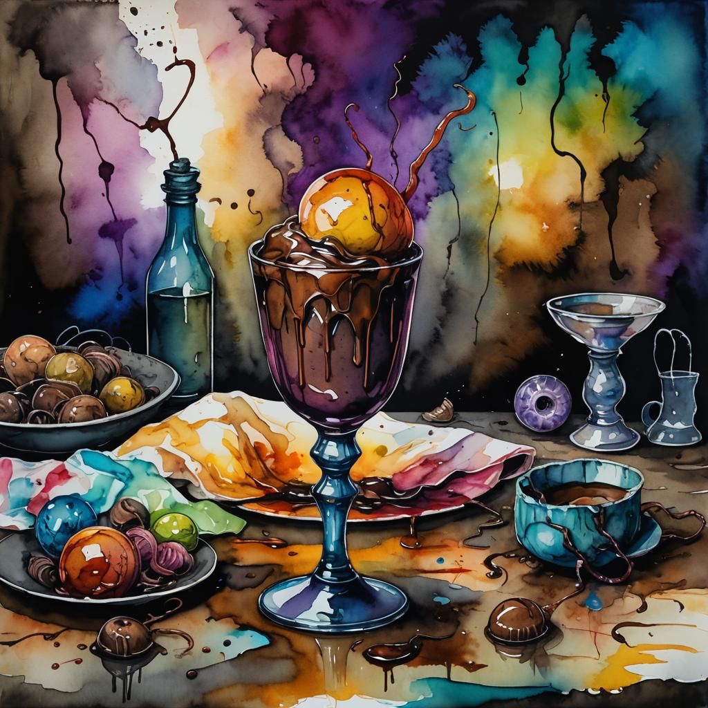 A beautiful  kitchen table with a mysterious goblet of choco...