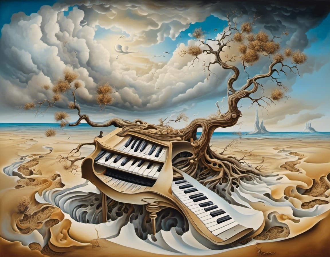 Surreal Desert Landscape with Piano Keyboard