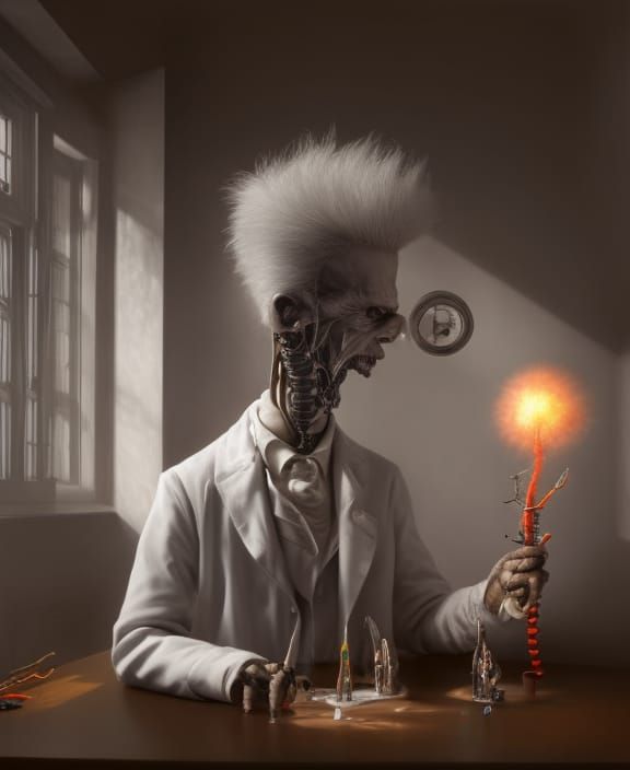 Electric Mad Scientist in Lab, Hyperrealistic Art