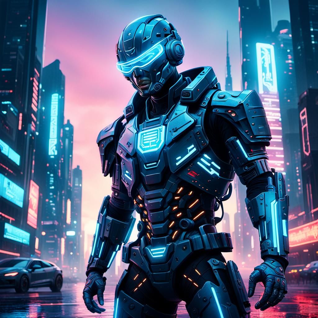 Cyberpunk Cyborg Warrior in Neon Cityscape