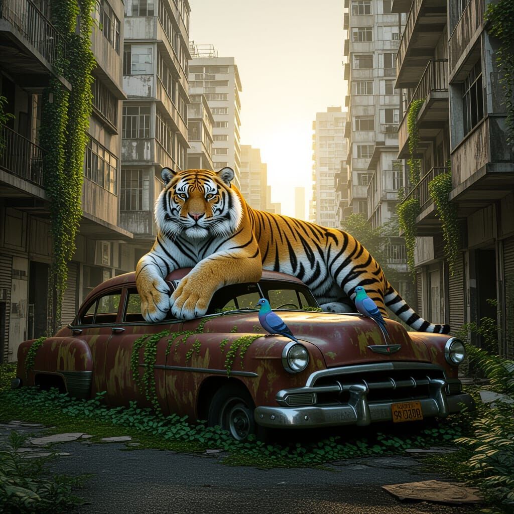 Sabertooth Tiger in Overgrown Post-Apocalyptic City