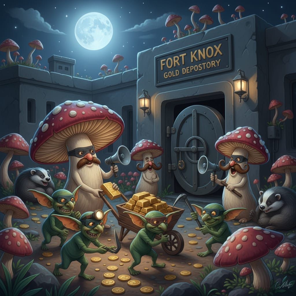 Crazy Mushrooms and Gremlins Robbing Fort Knox at Night