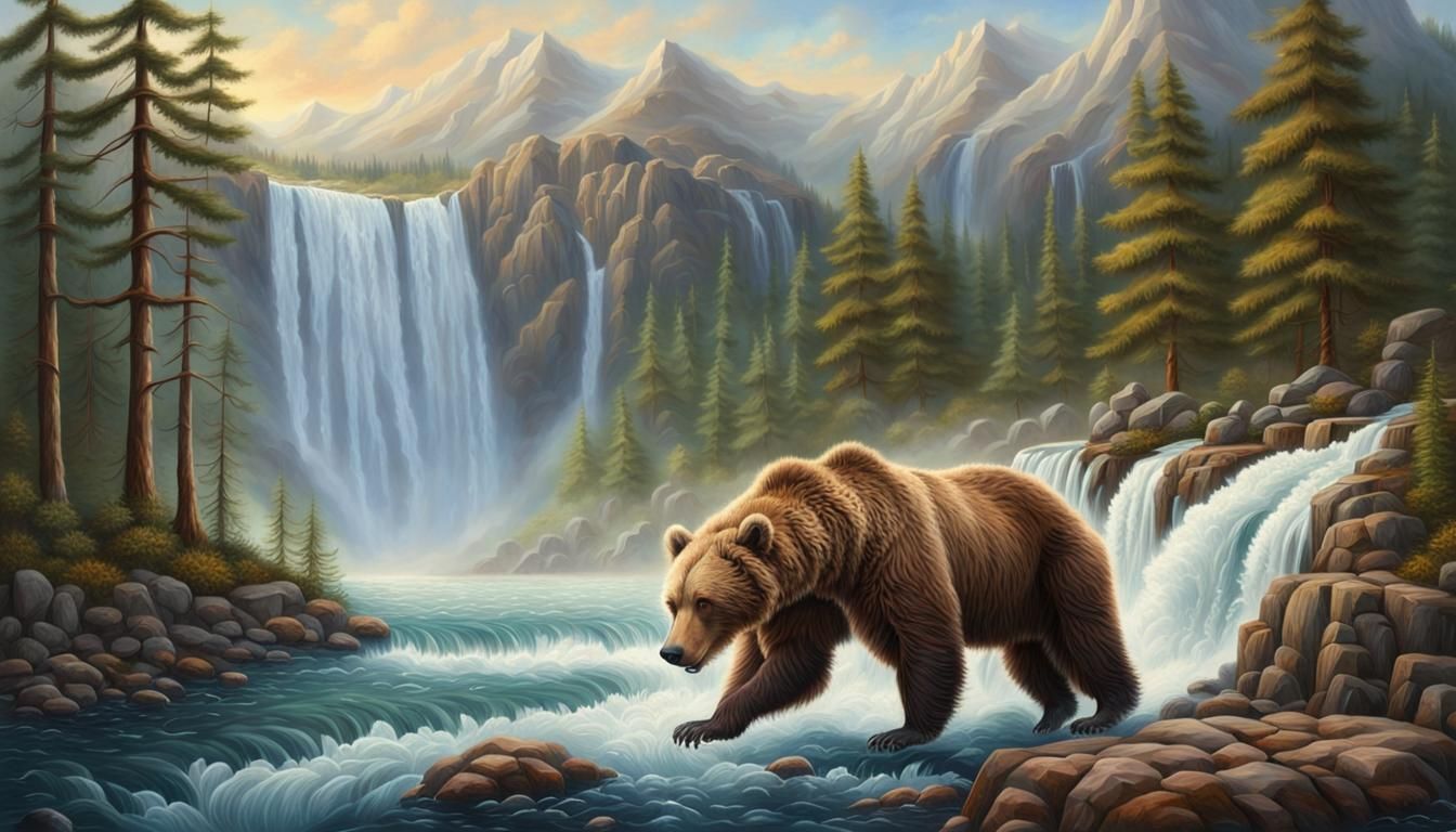 Hyperrealistic Brown Bear Catches Salmon Waterfall