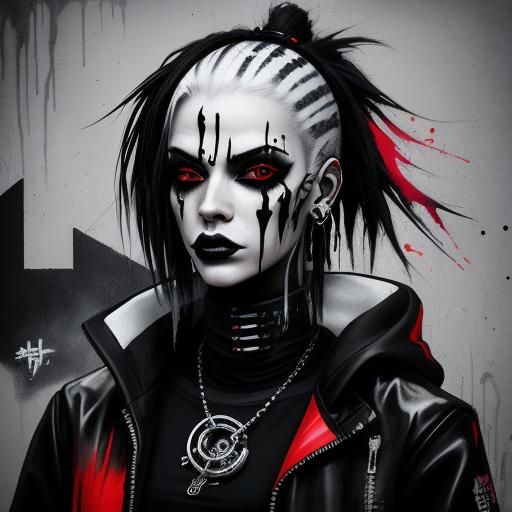 Cyberpunk Fashion Model in Black, White, and Red Photography