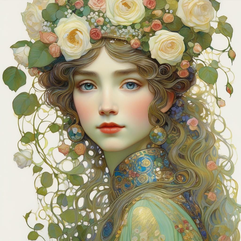 Floral Elf with Roses in Art Nouveau Style