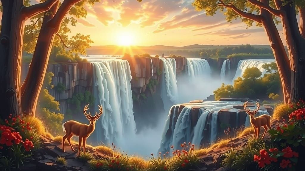 Sunset Waterfall Landscape with Deer in Golden Light