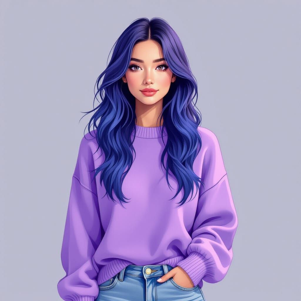 Woman with Blue Hair and Enigmatic Smile in Pastel Sweater