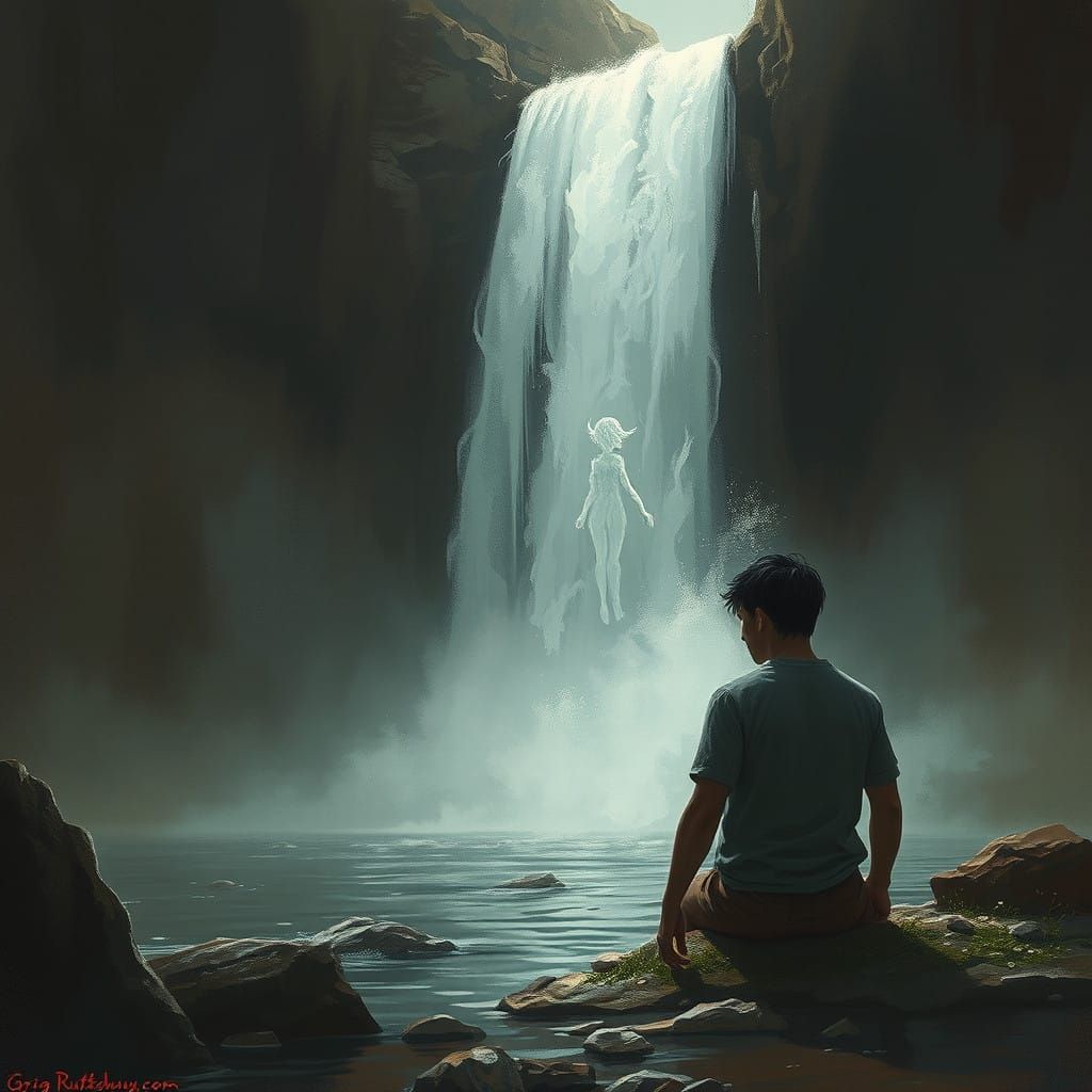Mysterious Waterfall Encounter in Haunting Dark Art