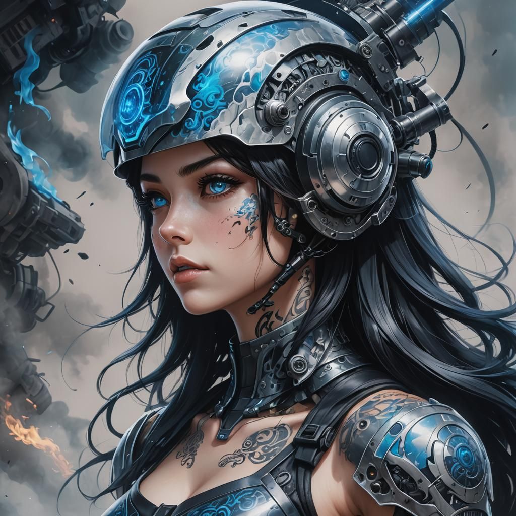 Cyberpunk Anime Woman with Tattoos: Hyperrealistic Splash Ar...
