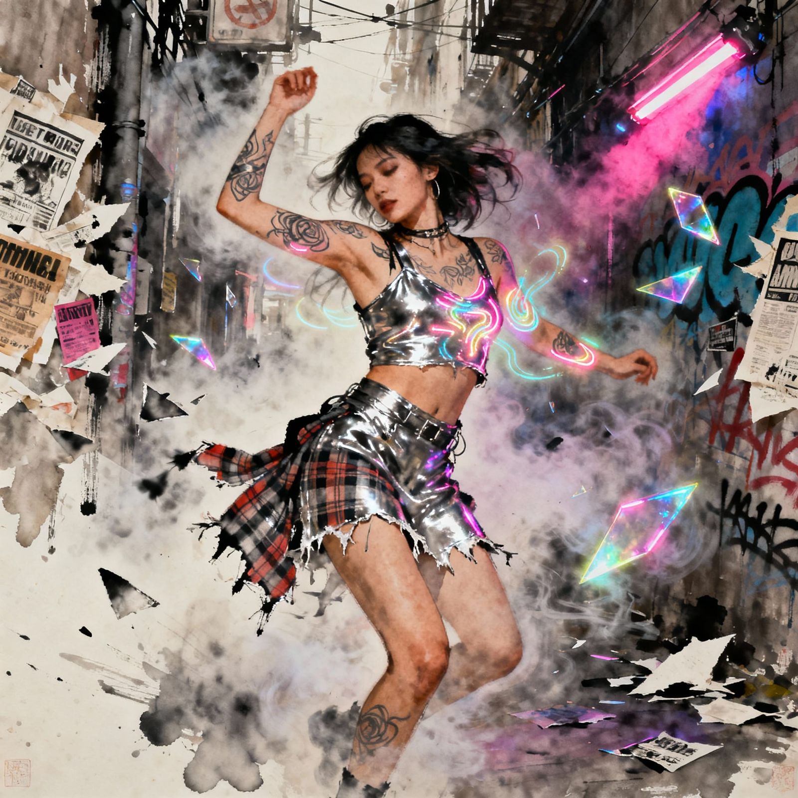 Dynamic Dancer in Neon Alleyway