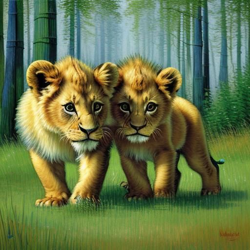 Lion and Bear Cubs Meet: Abstract Art in Forest