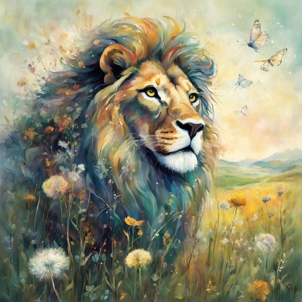 Lion of Whimsy in a Dazzling Meadow