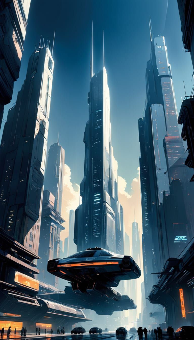 Neo-Futuristic Skyscraper in a Bustling Cityscape