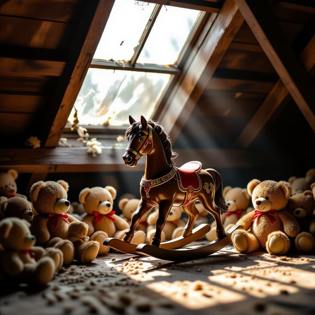 Nostalgic Attic with Rocking Horse and Teddy Bears