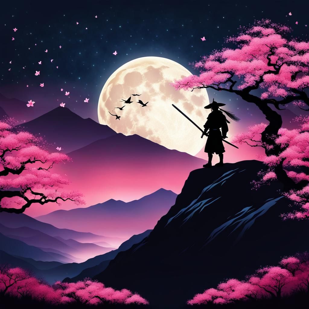 Samurai Silhouette Dreamscape in Layered Art Style
