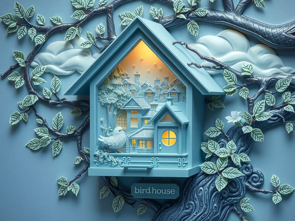 Embossed Birdhouse Village Art with Fluffy Bird