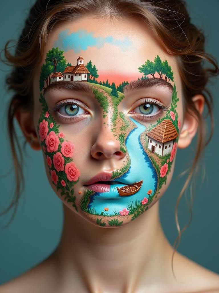Village Scene Splash Art on Woman's Face
