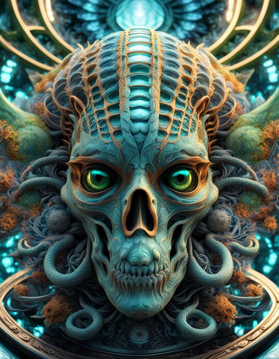 Psychedelic Alien Head with Holographic Specimens