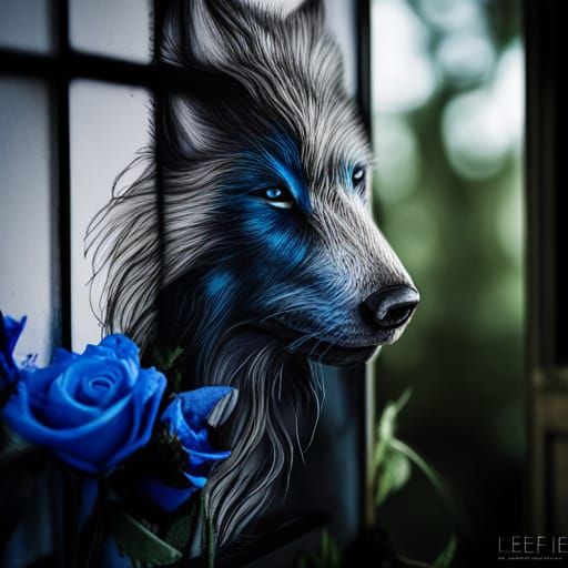 Dark wolf with blue rose