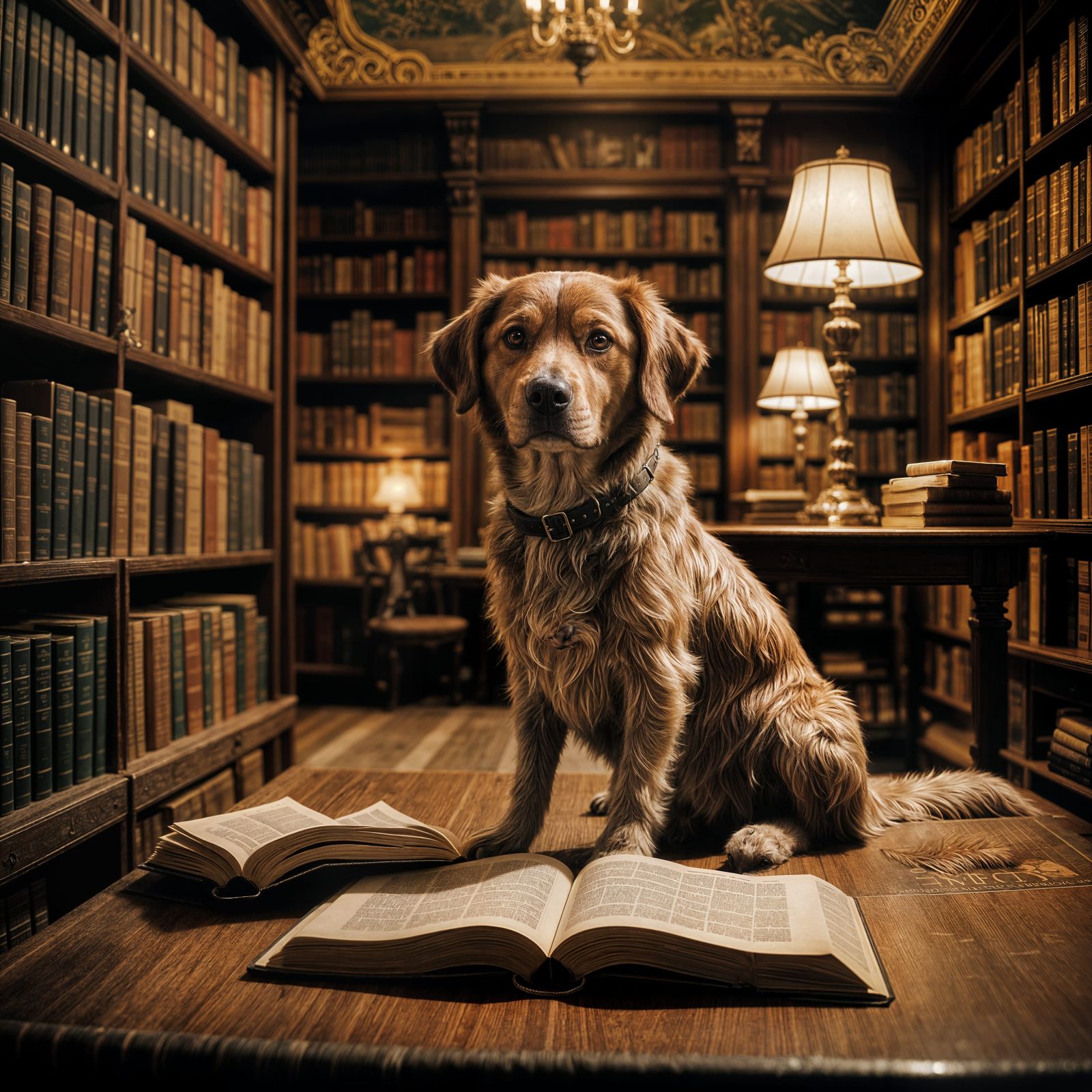 Rococo Dog in Elegant Library Reading Scene
