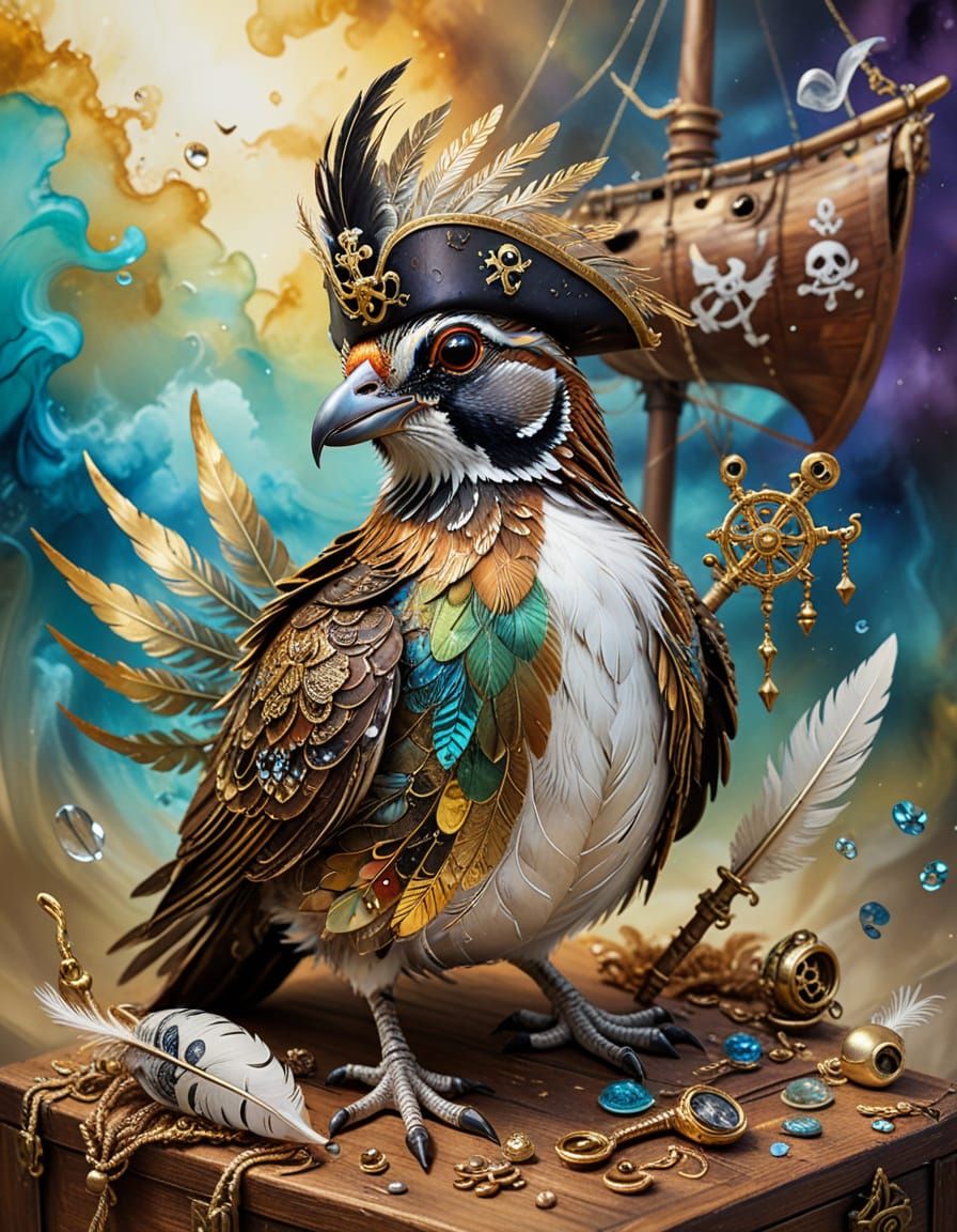 Quail Pirate on Ship: Surreal Alcohol Ink Painting
