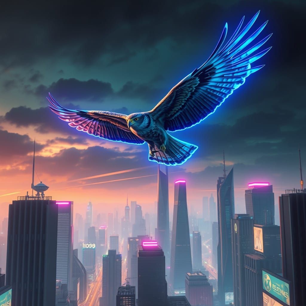 Majestic Hawk Soars Over Neon Metropolis