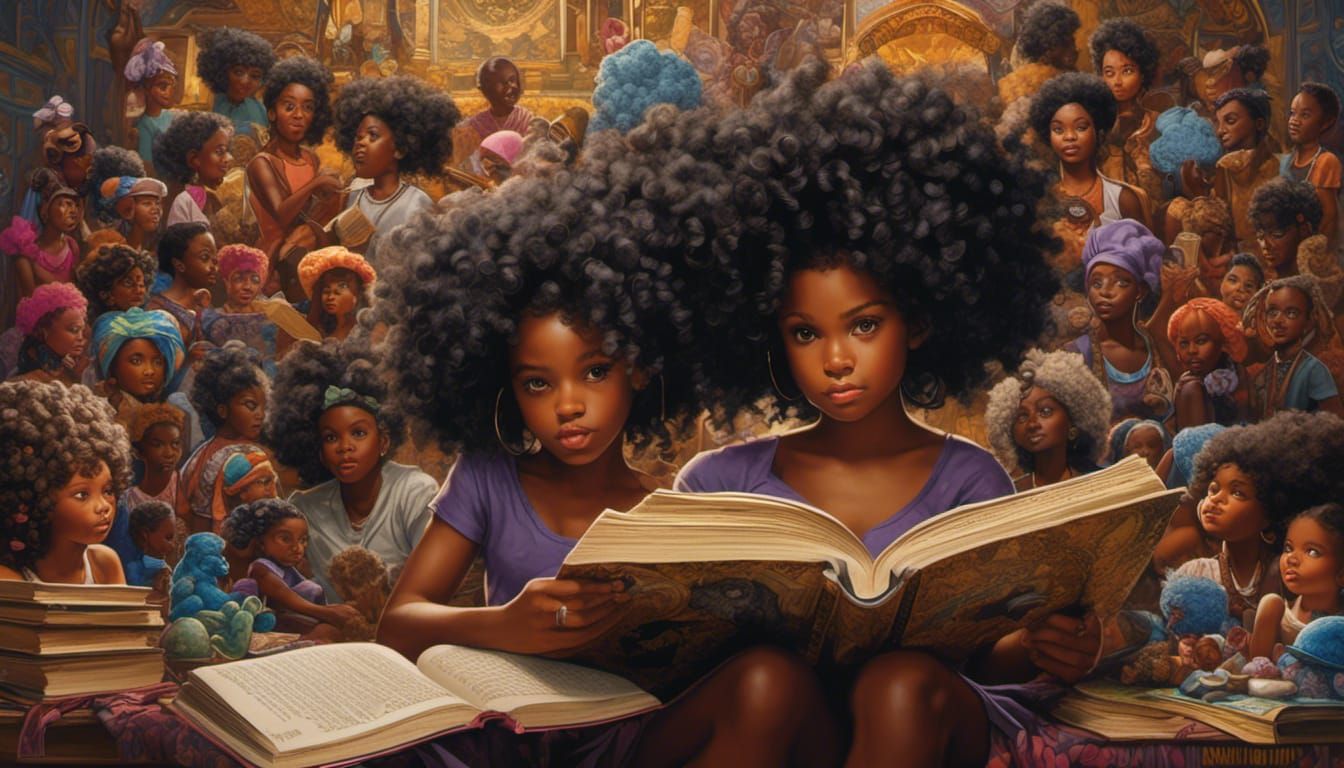 Hyperrealistic Portrait: Girl Reading with Afro Puffs