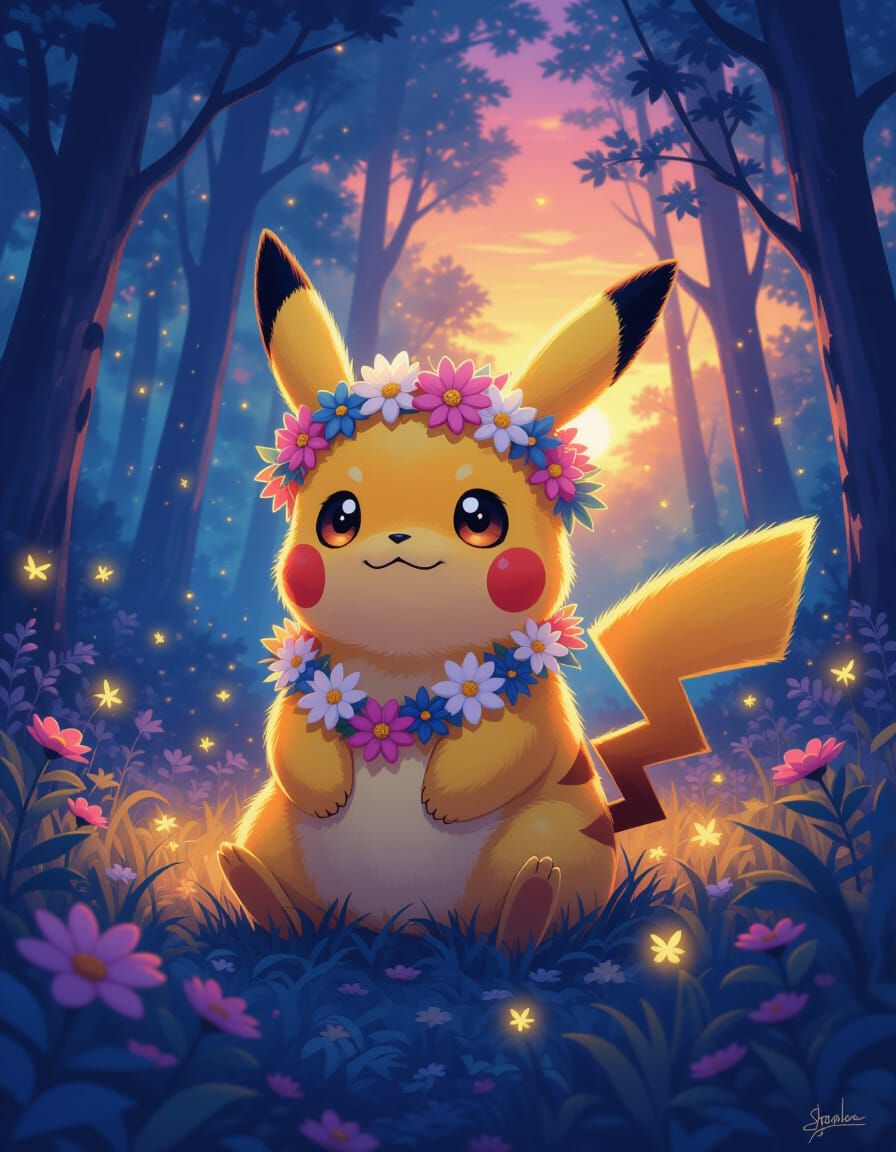 Cartoon Pikachu in Ethereal Forest: Detailed Matte Painting