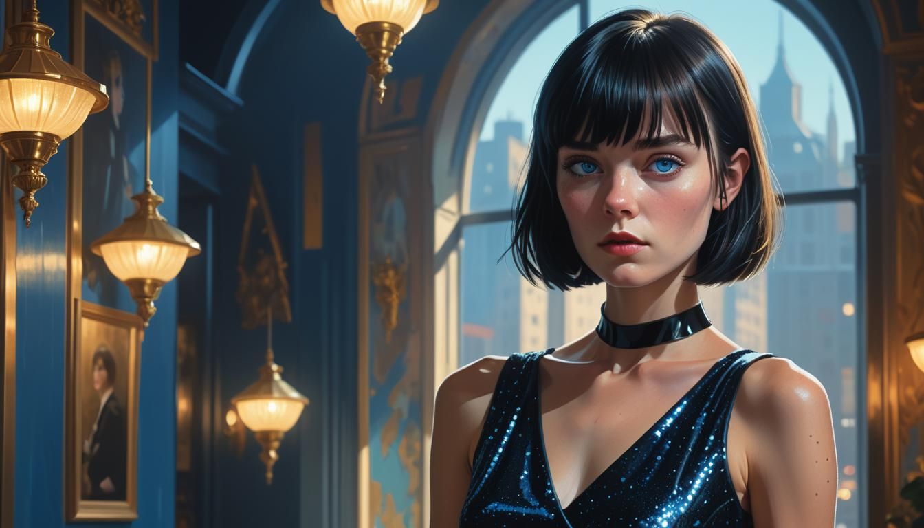 Mysterious Woman in Chic Dress: Digital Painting