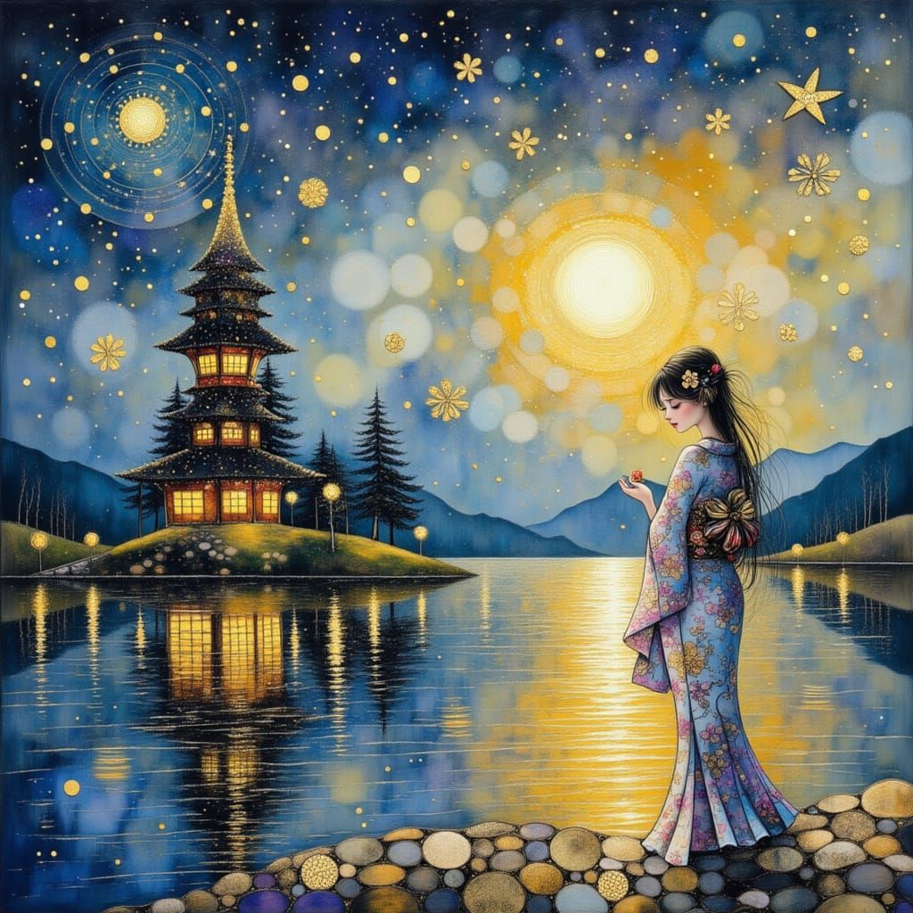 Japanese Woman at Lake with Pagodas in Ukiyo-e Style