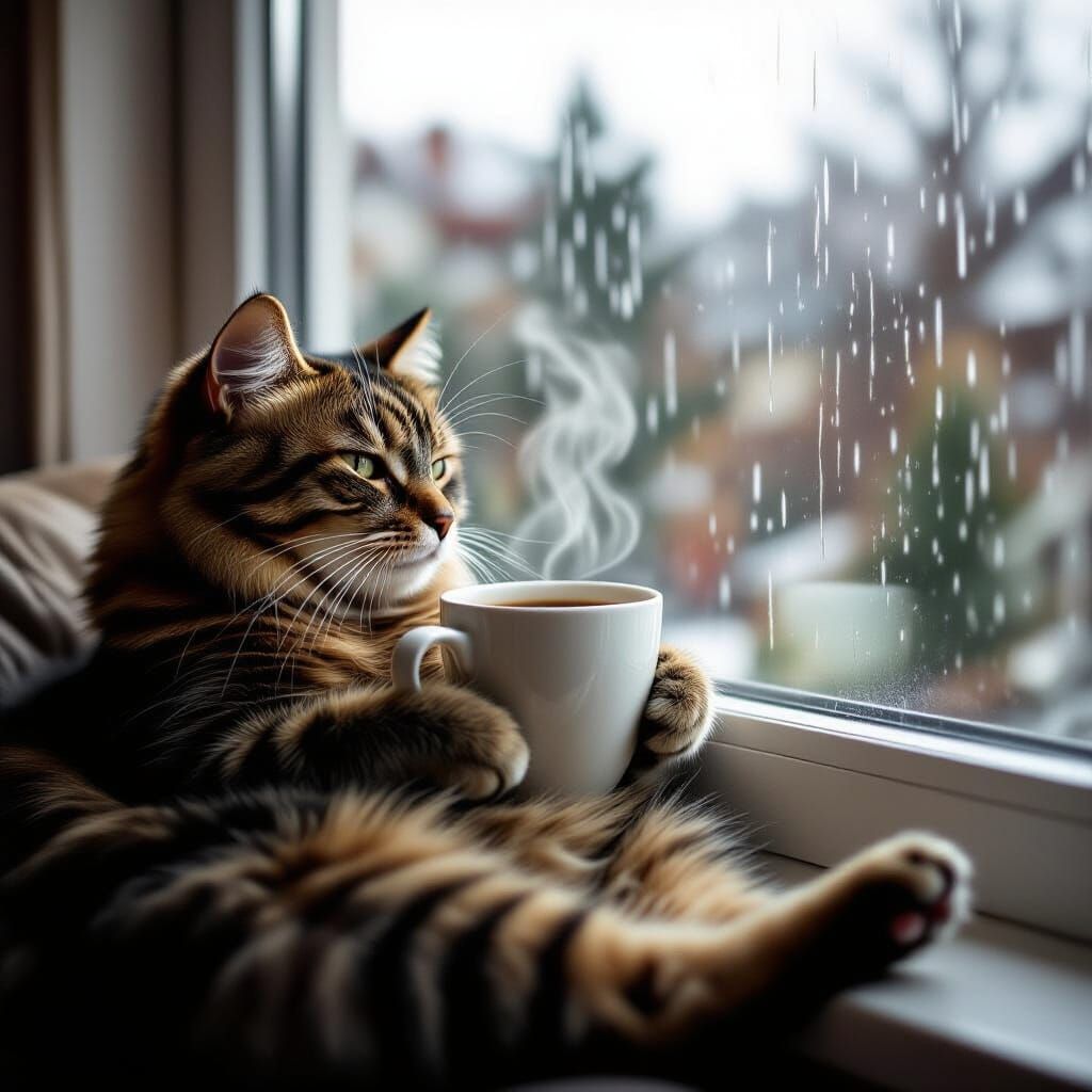 Cat Sipping Coffee on a Rainy Day