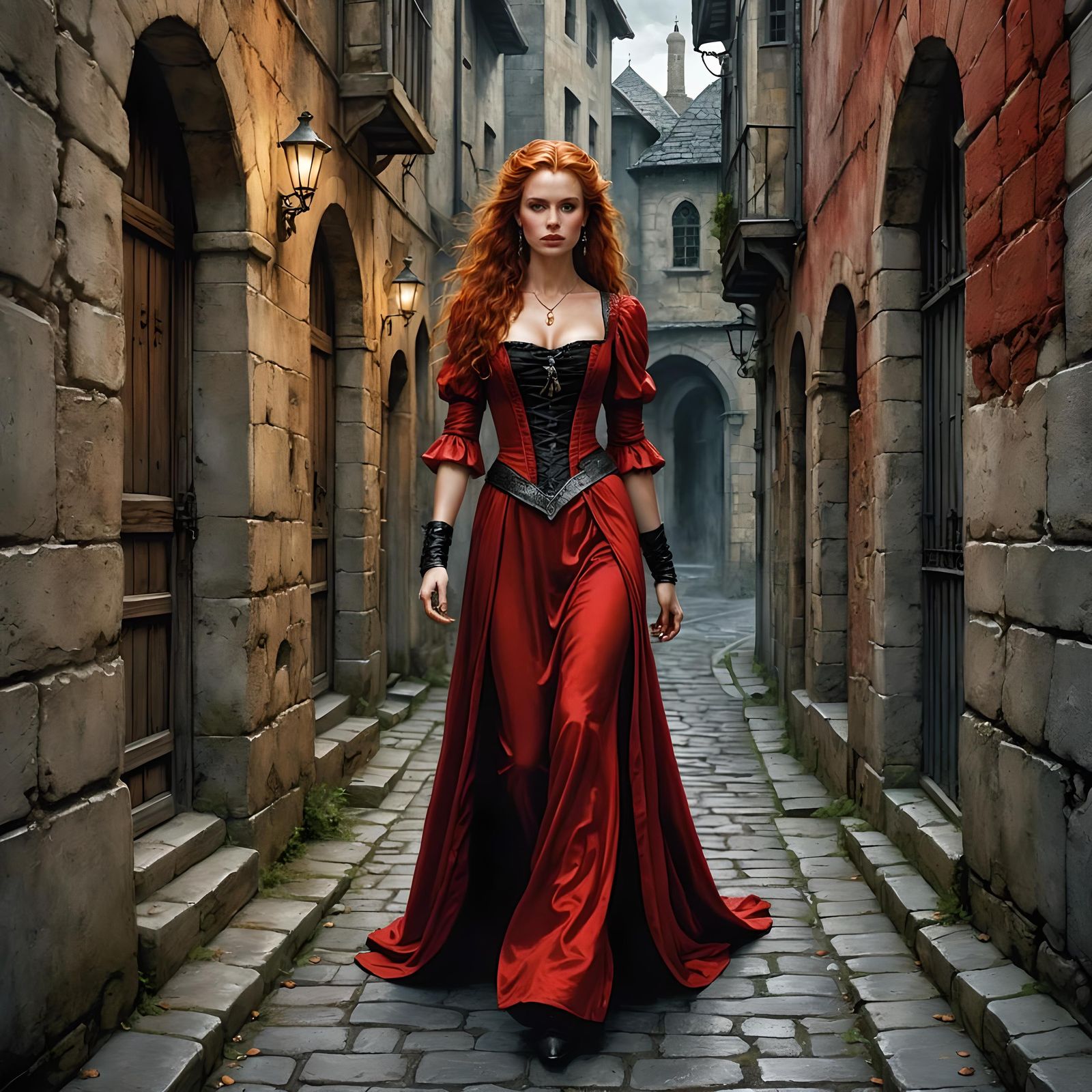 Red-Dressed Woman in Medieval Alleyway, Dark Fantasy Style