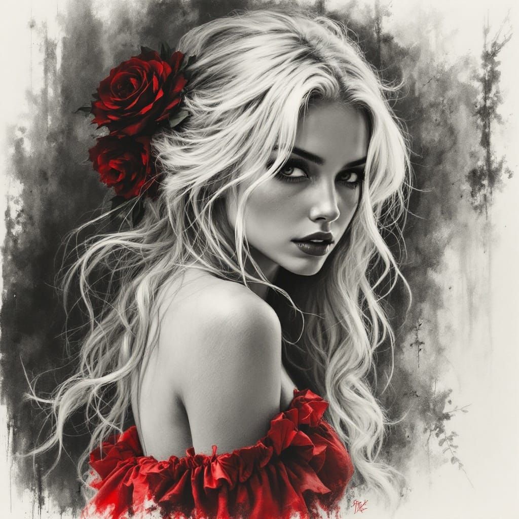 Sensual Blonde Woman in a Red Dress with a Rose, in a Mucha-...