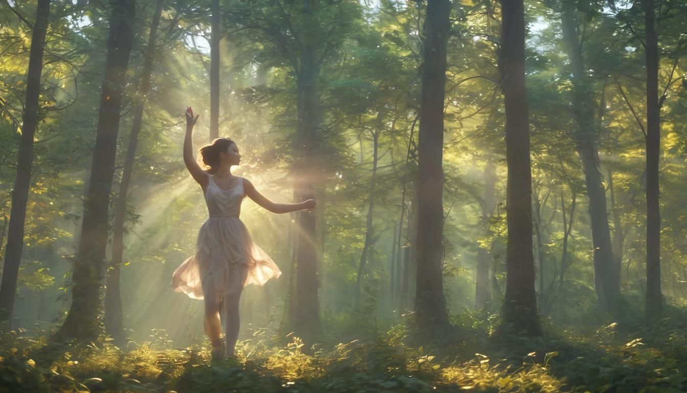 Ethereal Forest Dance at Sunrise, Digital Painting