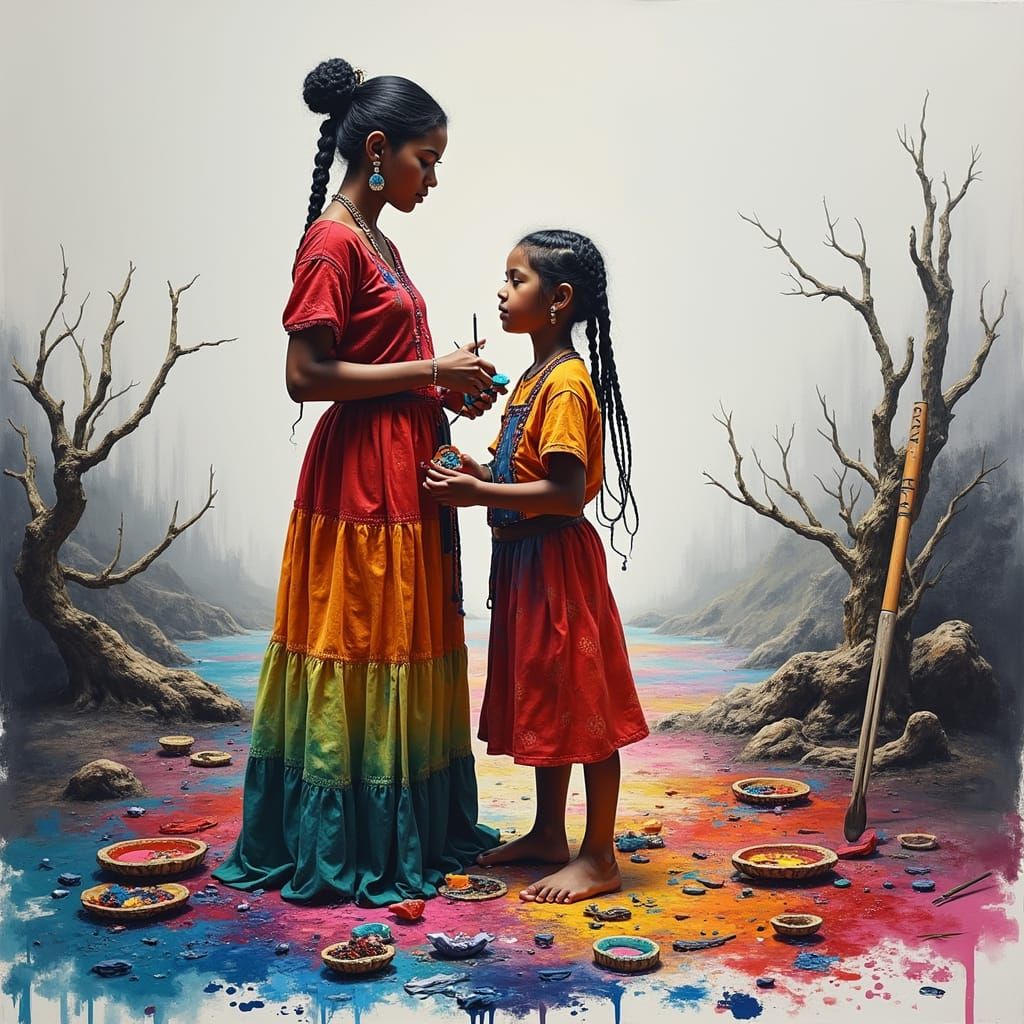 Gentle Indigenous Mother and Daughter Create Vibrant Art Tog...