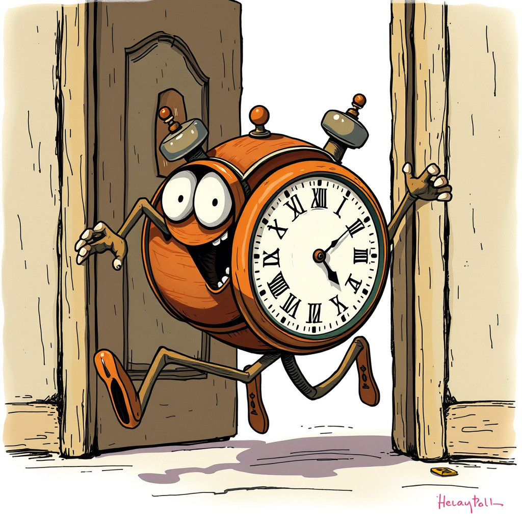 Whimsical Clock Runs Through Doorway in Fantasy Art Style