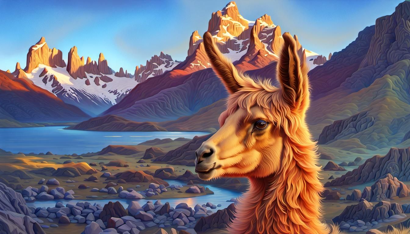 Patagonian Lamas: Sunlit Mountains in Airbrush Art