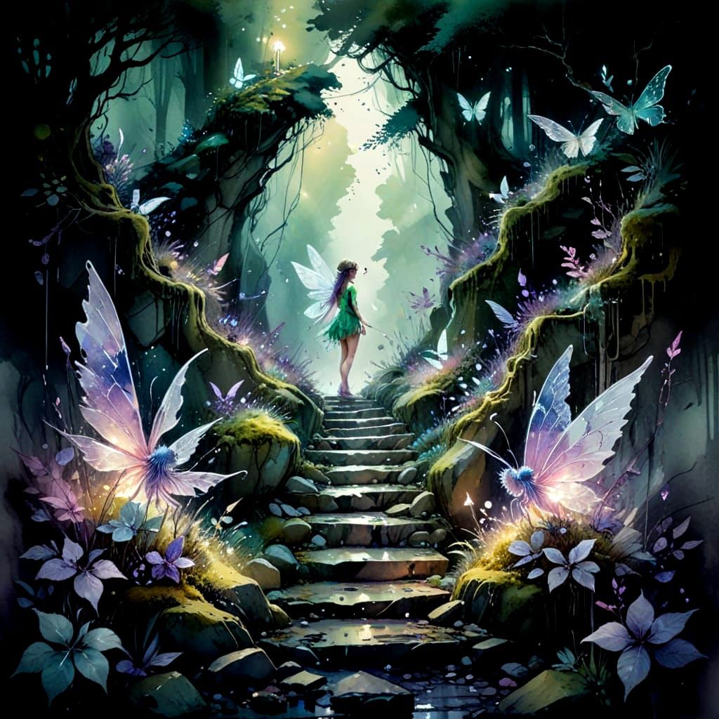 Enchanted Fairy Ascends Luminous Pathway in Whimsical Waterc...