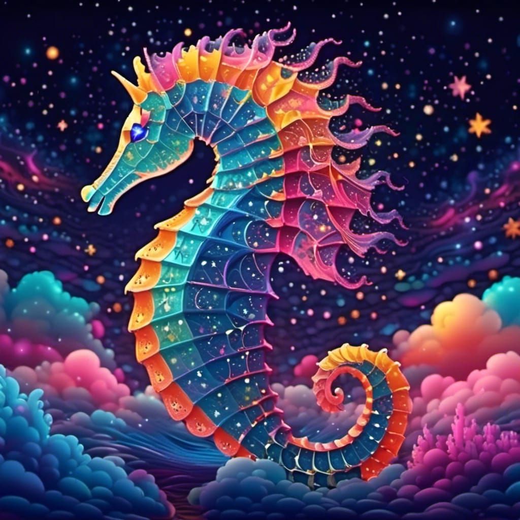 Giant Seahorse Swims Through Vibrant Starry Sky