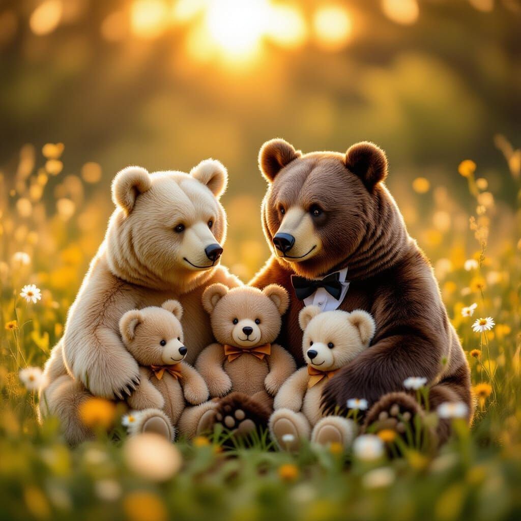 Stylized Teddy Bear Family in Sun-Drenched Meadow