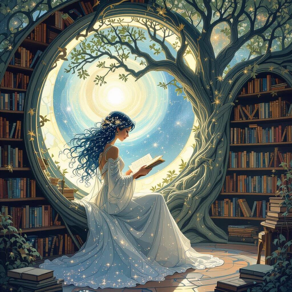 Celestial Librarian in Cosmic Tree Library