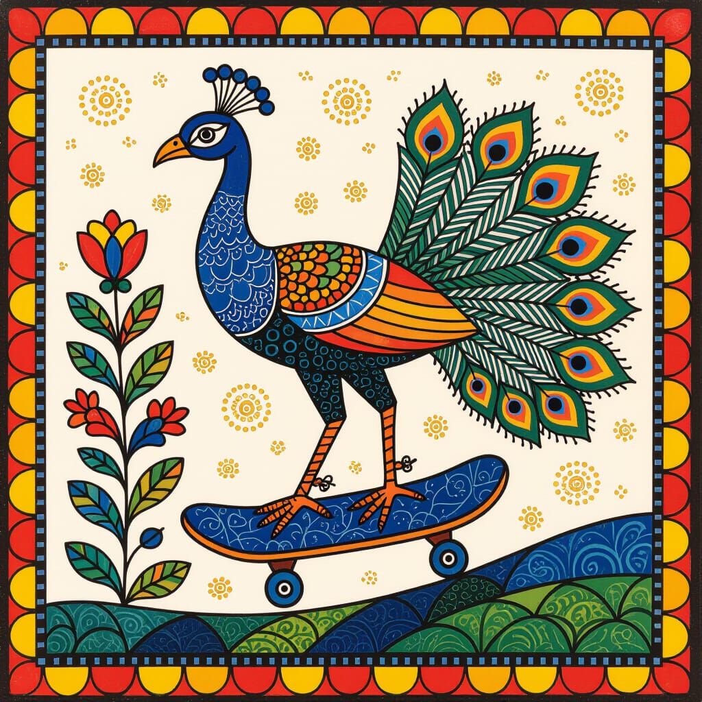 Groovy Peacock Skates in Madhubani Style