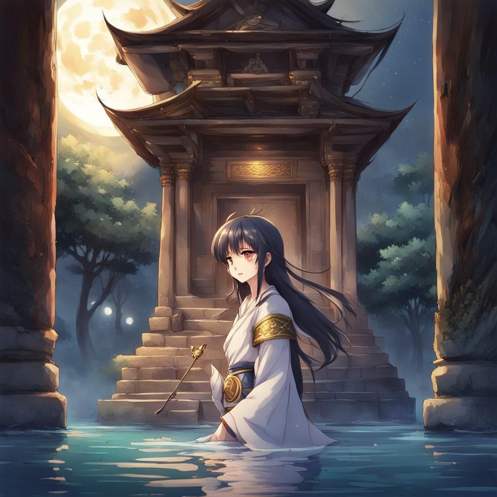 Hero and Oracle in Ancient Temple, Anime Art