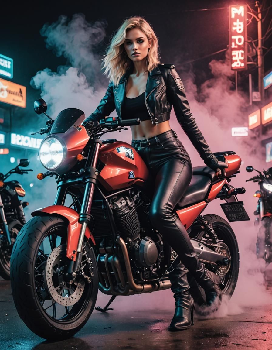 Motorbike Magazine Cover in Synthwave Neon Retro Style