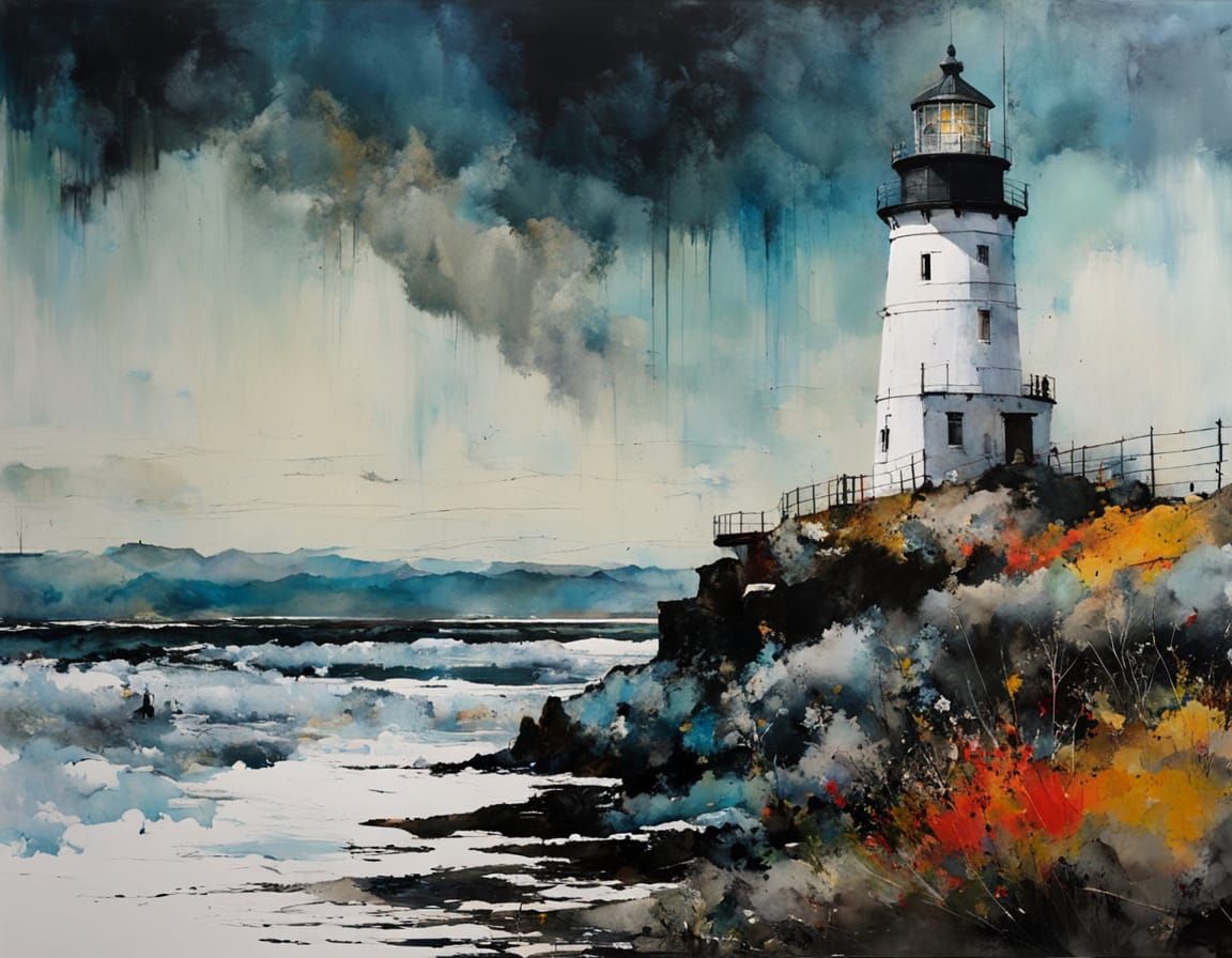 Winter Lighthouse in Vibrant Triadic Hues, Inspired by Maste...