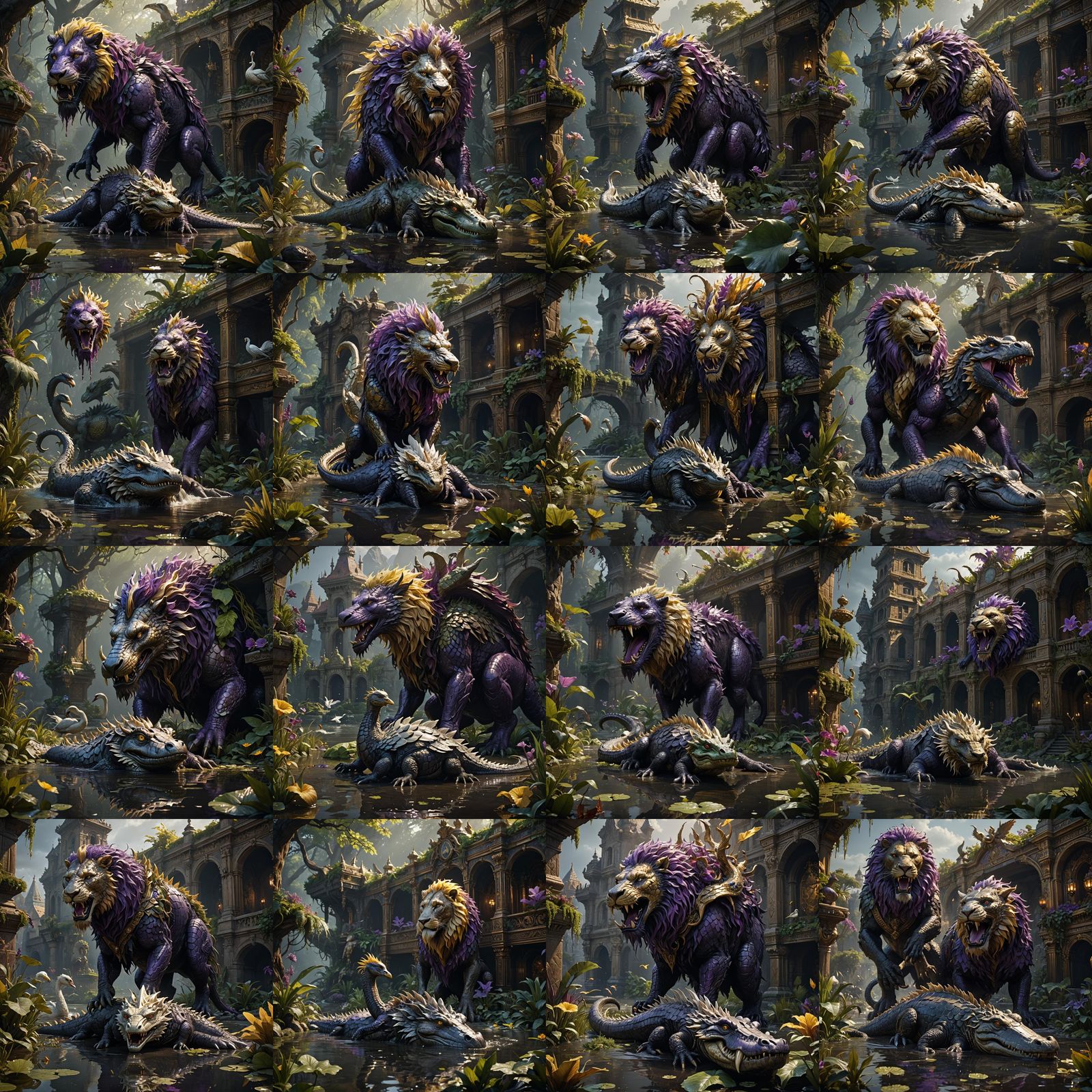 Swan-Lion-Crocodile Hybrid Creature in Dark Fantasy Art